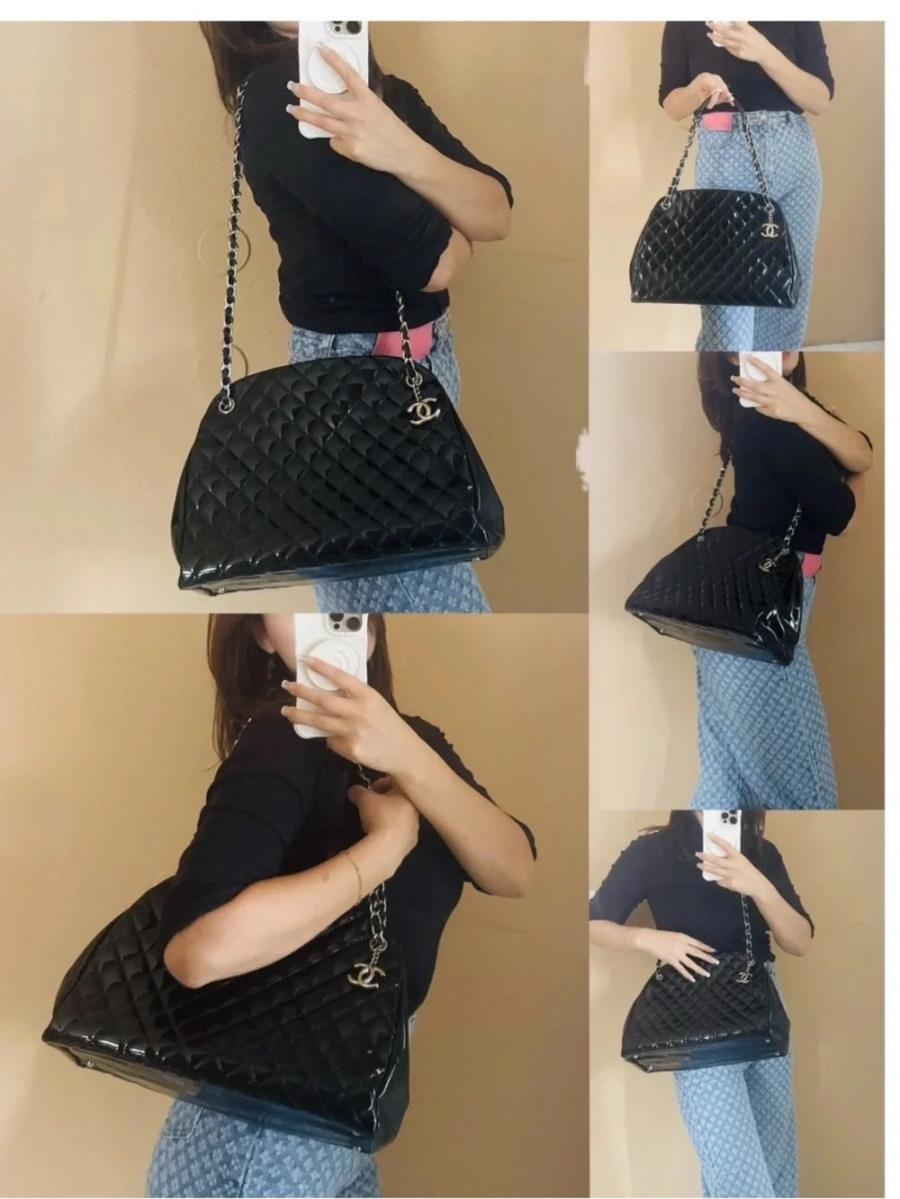 CHANEL Black Quilted Patent Shoulder Bag with Chain and CC Charm
